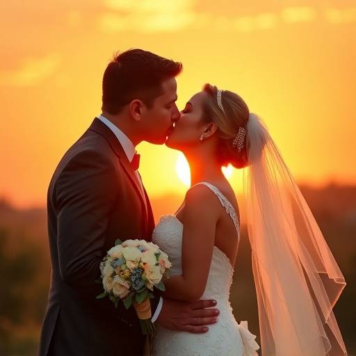 Couple de mariés s'embrassant devant un coucher de soleil romantique