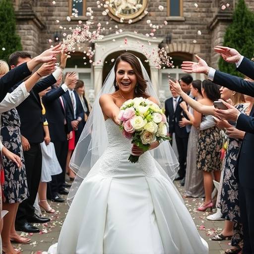 La mariée lance son bouquet, entourée de ses amies joyeuses