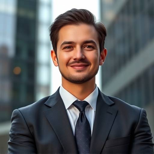 Portrait corporate d'un homme d'affaires en costume, devant un building moderne