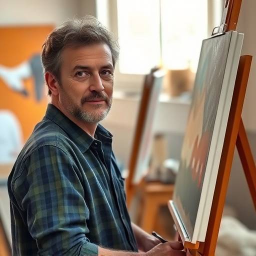 Portrait d'une artiste peintre dans son atelier avec son tableau